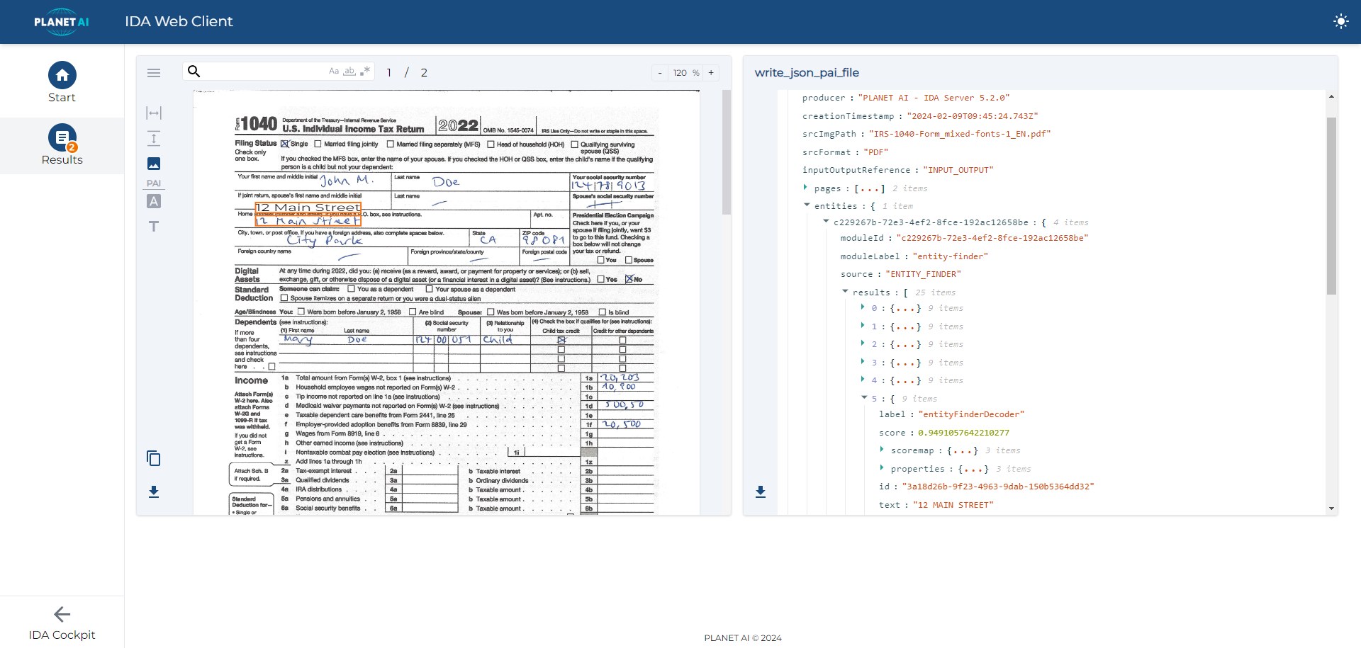 IDA Recognition: ein US-Steuerformular mit handschriftlichen Einträgen, daneben der erkannte Text und die Werte als JSON